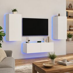 3 Piece White Floating TV Cabinets with RGB LED Lights