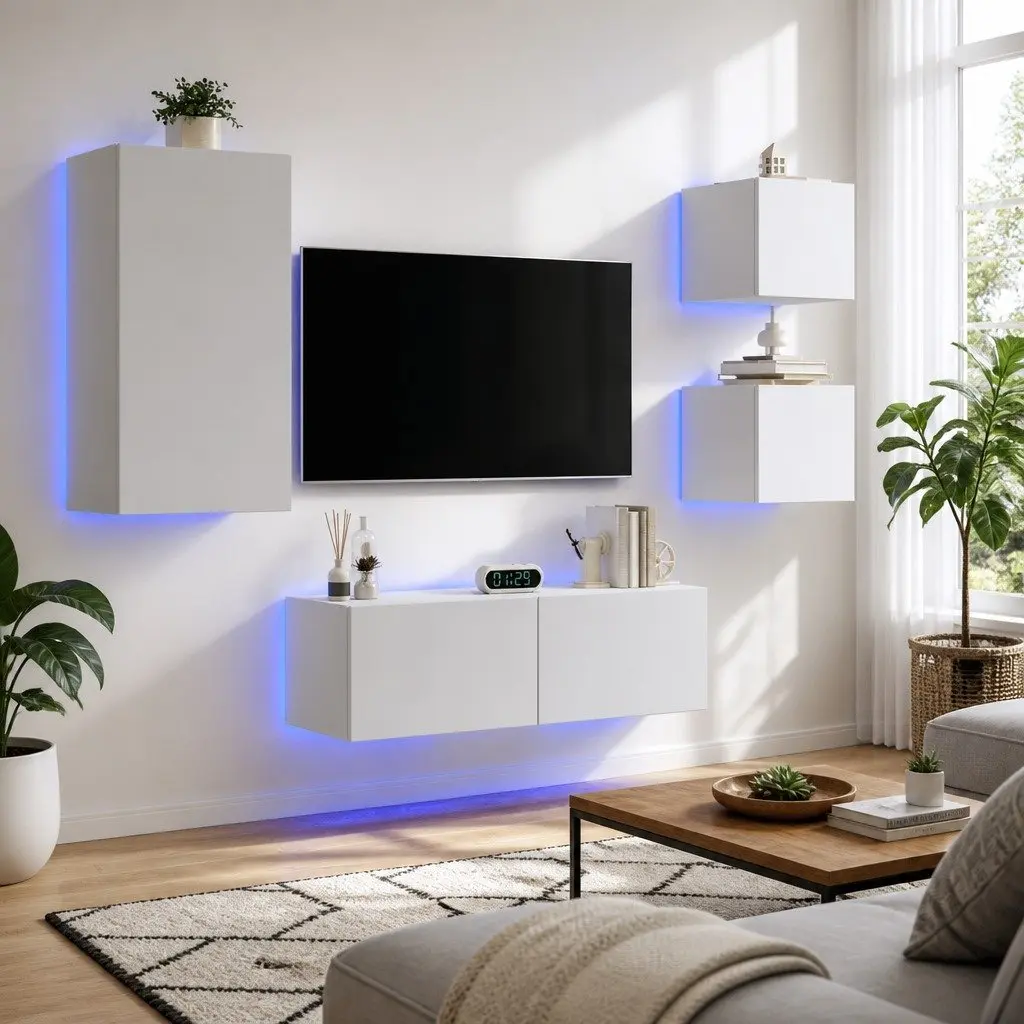4 Floating Storage Units with RGB LED Lights in White