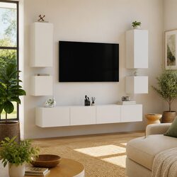6-Piece White Wall Cabinets with RGB LED Lights