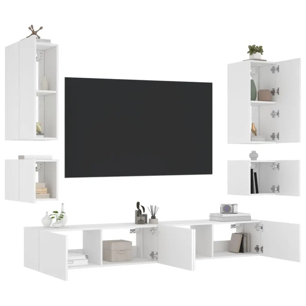 6-Piece White Wall Cabinets with RGB LED Lights