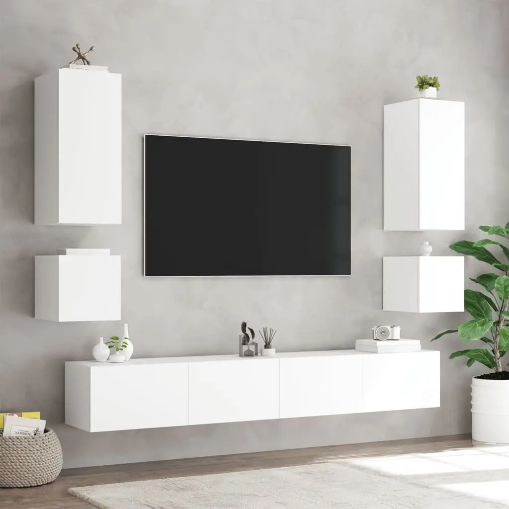 6-Piece White Wall Cabinets with RGB LED Lights