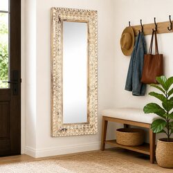 Hand-Carved Wooden Mirror 110x50cm Brown Solid Wood Wall Decor Unique Pattern