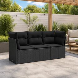 Durable 3 Piece Black Rattan Garden Sofa Set with Cushions