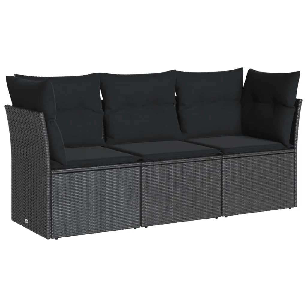 3 Piece Black Rattan Garden Sofa Set with Cushions