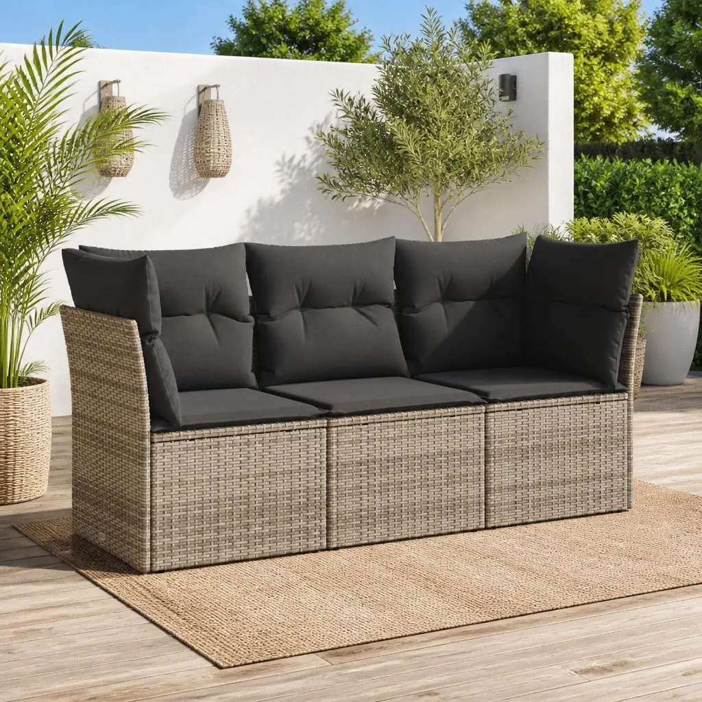 Grey Poly Rattan 3-Piece Outdoor Garden Sofa Set