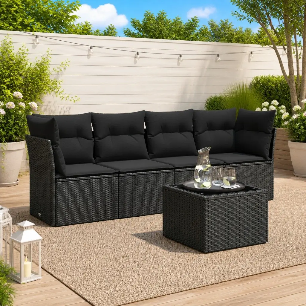 5 Piece Garden Sofa Set PE Rattan Black with Cushions