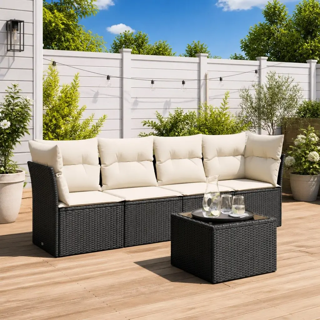 5-Piece Black Poly Rattan Garden Sofa Set with Cushions