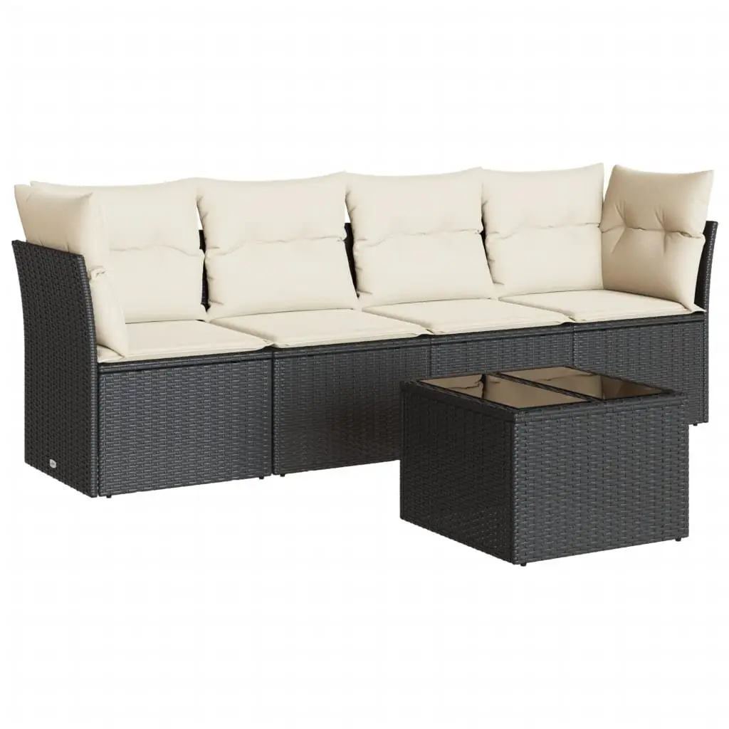 5-Piece Black Poly Rattan Garden Sofa Set with Cushions