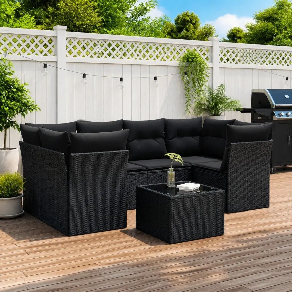 7 Piece Garden Sofa Set PE Rattan Black with Cushions Tempered Glass