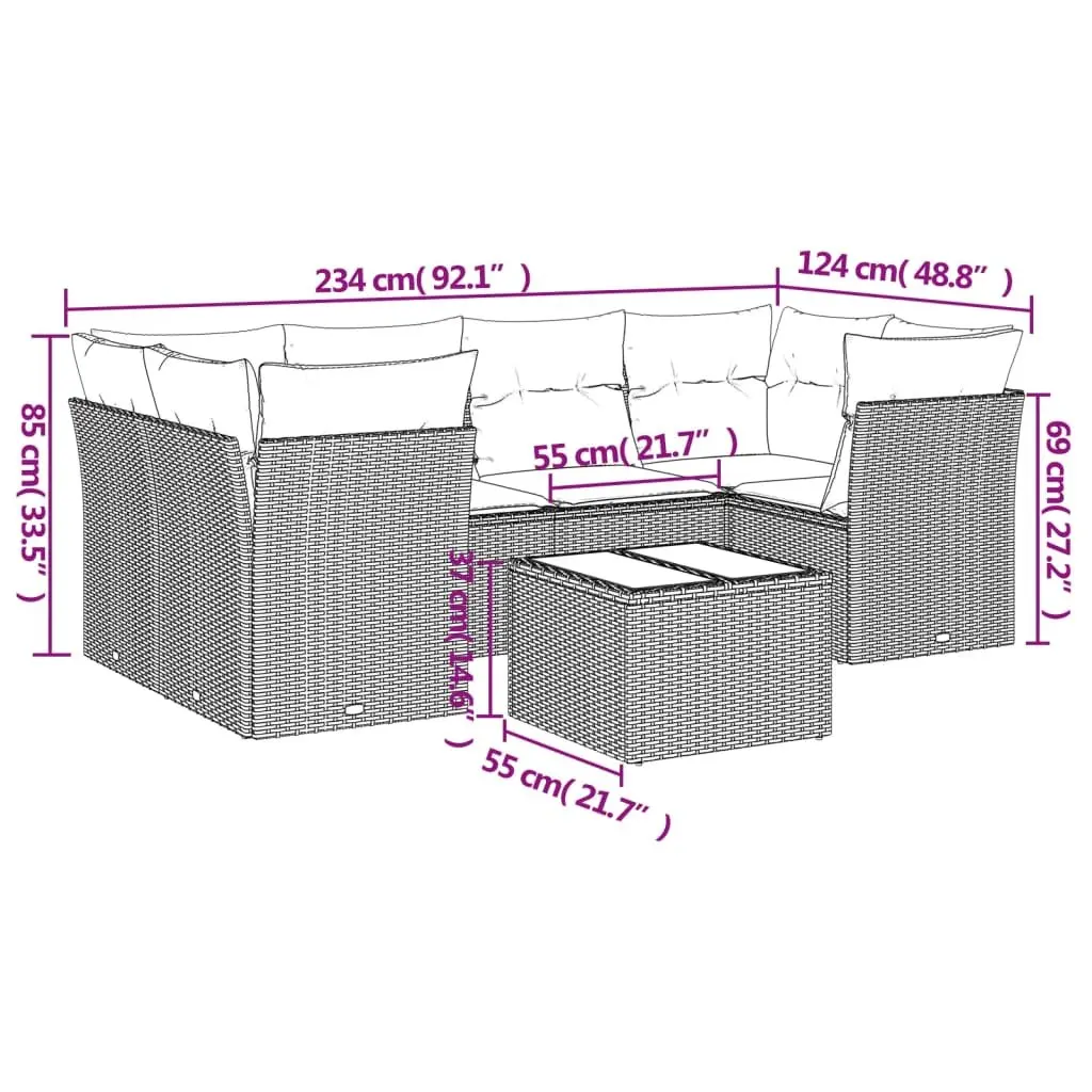 7 Piece Garden Sofa Set PE Rattan Black with Cushions Tempered Glass