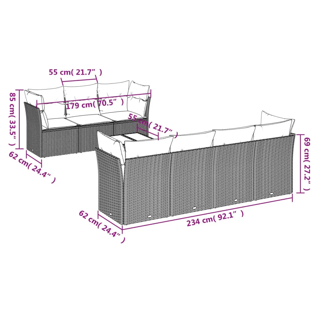 Garden Sofa Set PE Rattan 8 Piece Outdoor Furniture Patio Sectional with Cushions Black
