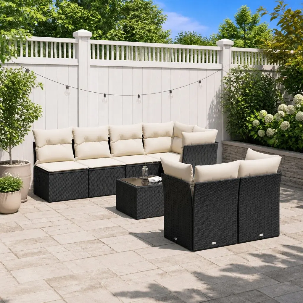 8-Piece Black Poly Rattan Garden Sofa Set