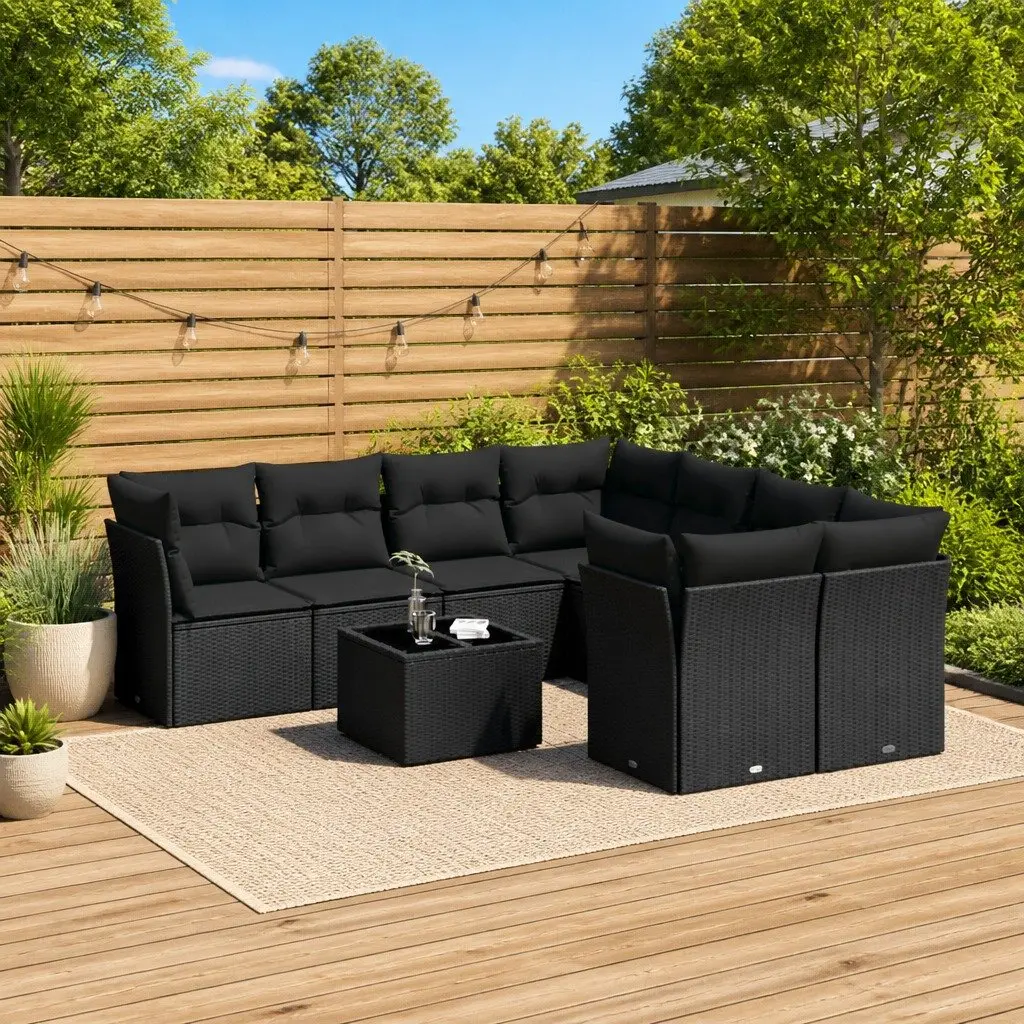 Garden Sofa Set PE Rattan 9 Piece Outdoor Furniture Black with Cushions