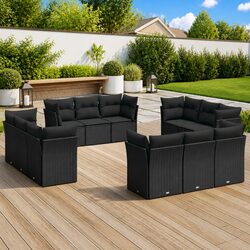 12-Piece Modular Black Poly Rattan Garden Sofa Set