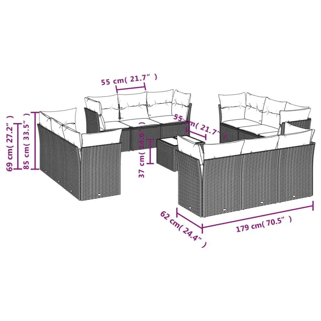Garden Sofa Set 13 Piece Outdoor Furniture Black Poly Rattan with Cushions Patio