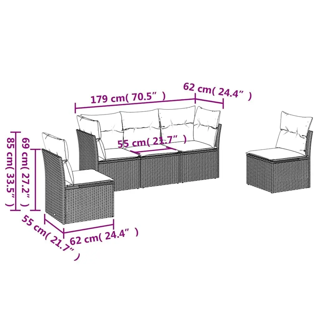 Garden Sofa Set PE Rattan 5 Piece Outdoor Furniture Black with Cushions