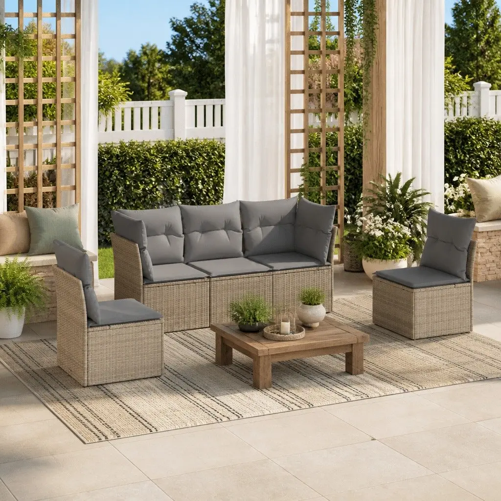 5 Piece Garden Sofa Set Poly Rattan Beige Outdoor Patio Furniture
