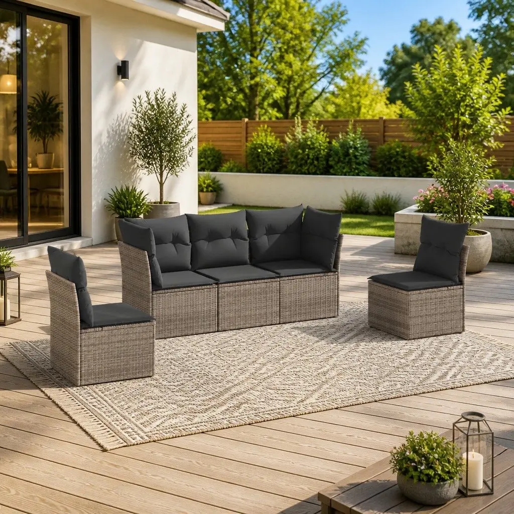 5 Piece Grey Modular Garden Sofa Set with Cushions