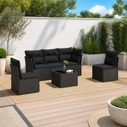 6-Piece Modular Black Garden Sofa Set with Cushions
