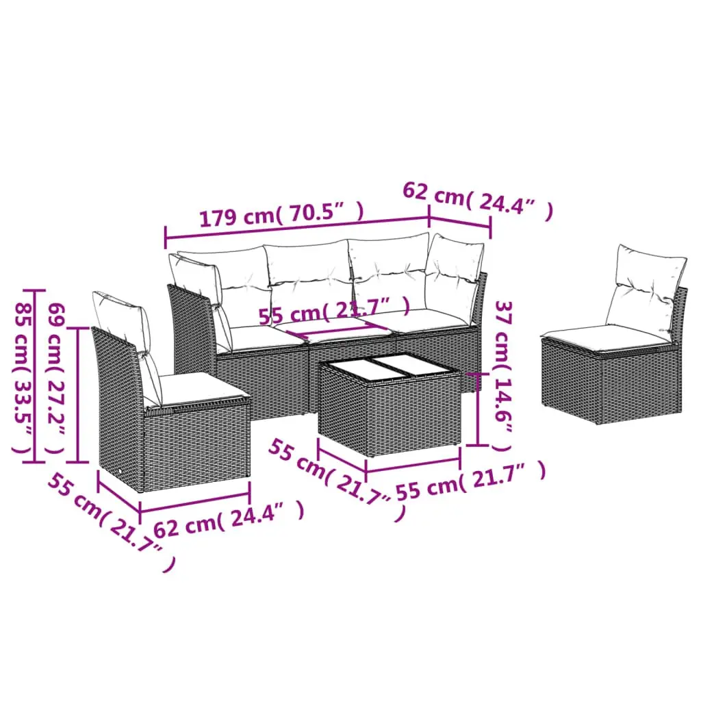 6-Piece Grey Rattan Modular Garden Sofa Set