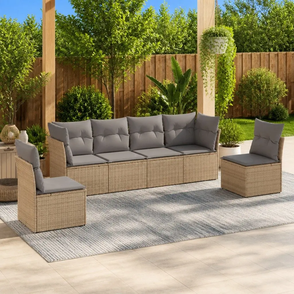 Modular 6-Piece Beige Outdoor Sofa Set with Cushions