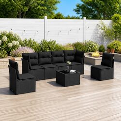 Durable 7 Piece Black Poly Rattan Garden Sofa Set