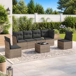 Grey Poly Rattan 7 Piece Garden Sofa Set with Cushions