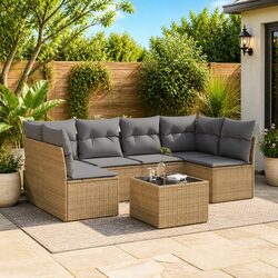 7-Piece Beige Poly Rattan Outdoor Sofa Set with Cushions