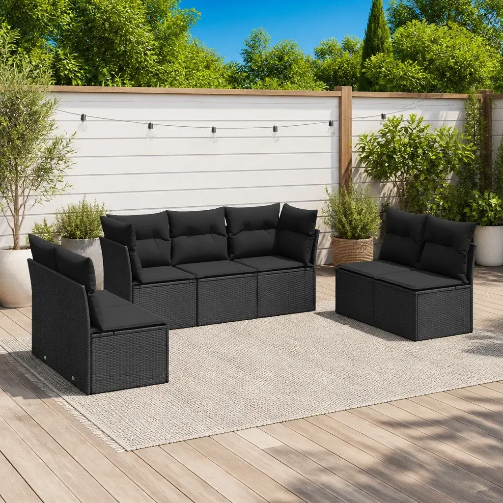 7 Piece Outdoor Garden Sofa Set Poly Rattan Black with Cushions