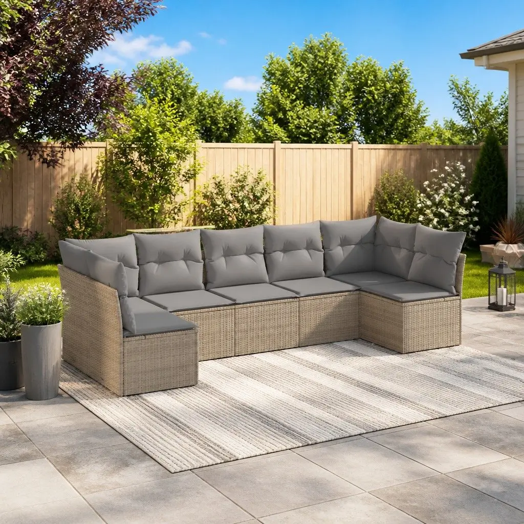Garden Sofa Set PE Rattan 7 Piece Outdoor Patio Furniture Beige