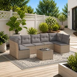 Sturdy 8 Piece Beige Garden Sofa Set with Cushions