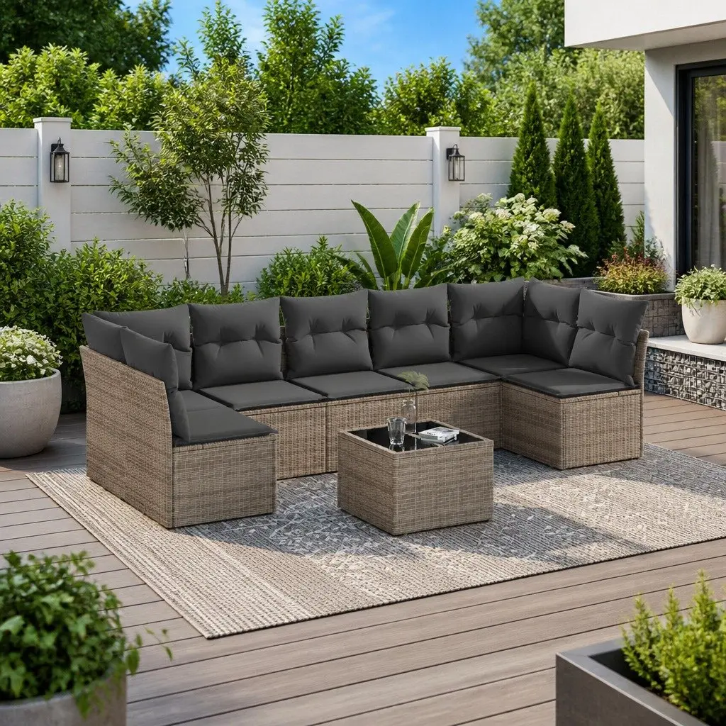 8 Piece Grey Garden Sofa Set with Cushions