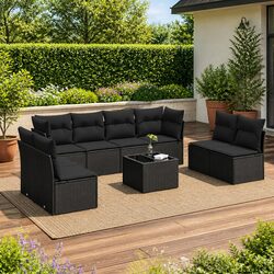 9-Piece Black Poly Rattan Garden Sofa Set with Cushions