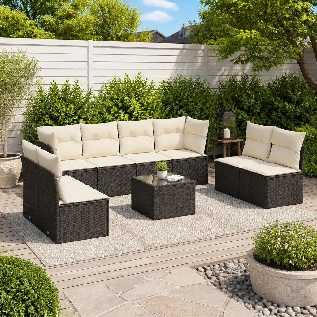 9-Piece Black Poly Rattan Garden Sofa Set