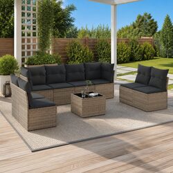 Durable 9-Piece Grey Poly Rattan Outdoor Sofa Set