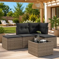 5 Piece Grey Outdoor Sofa Set with Cushions and Glass
