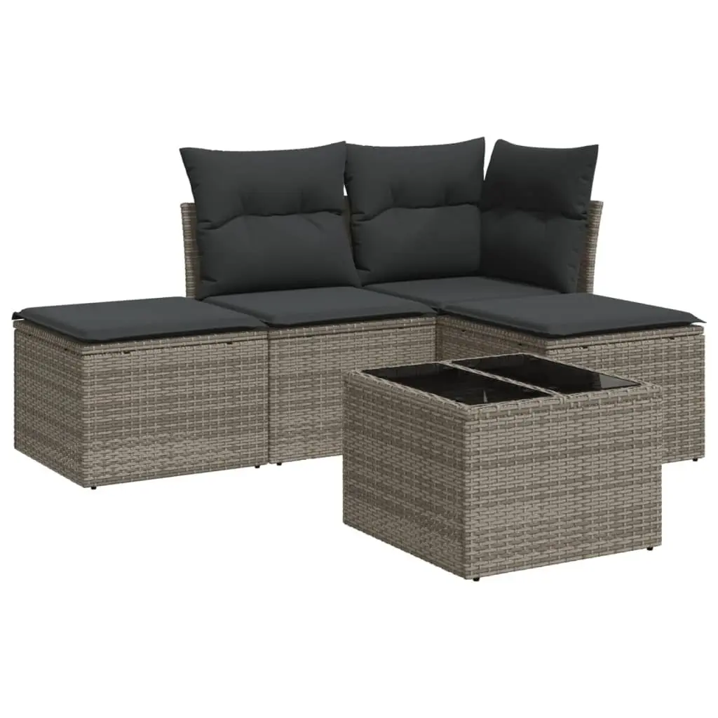 5 Piece Grey Outdoor Sofa Set with Cushions and Glass