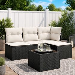 Durable 5 Piece Black Rattan Garden Sofa Set with Cushions