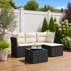 5-Piece Garden Sofa Set with Cushions – Black Poly Rattan