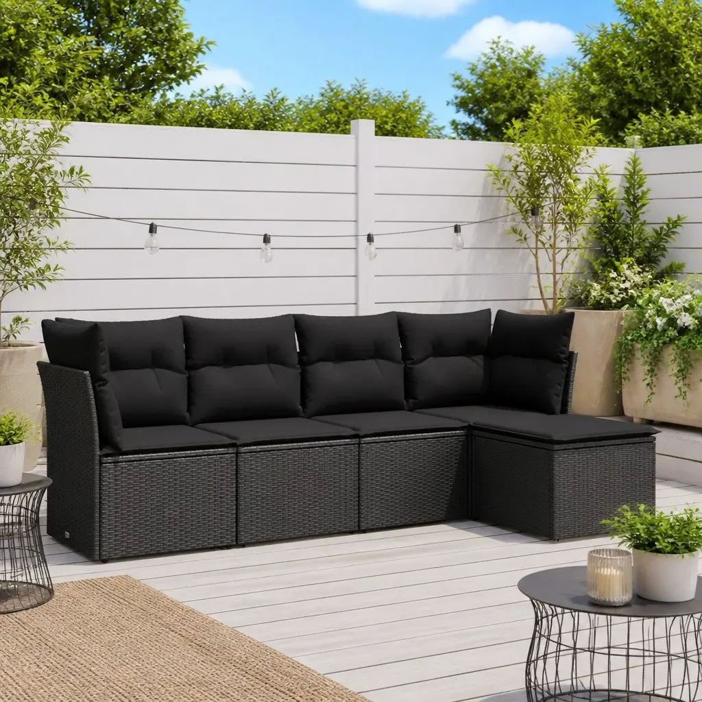 Garden Sofa Set PE Rattan 5 Piece Outdoor Furniture Black with Cushions