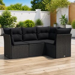 Stylish 4 Piece Black Rattan Garden Sofa Set with Cushions