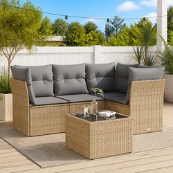 5-Piece Beige Poly Rattan Garden Sofa Set