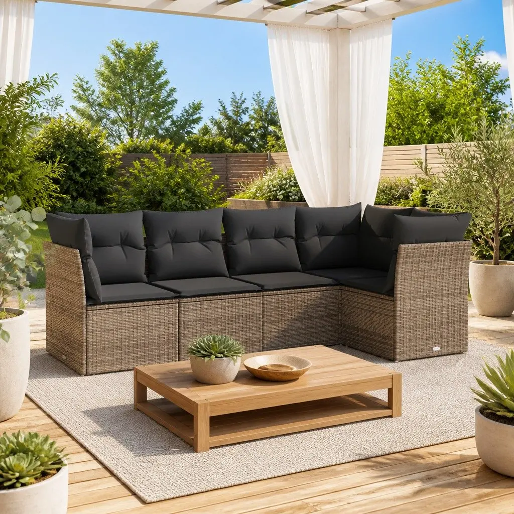 Garden Sofa Set PE Rattan 5 Piece Outdoor Furniture Grey Cushions Modular