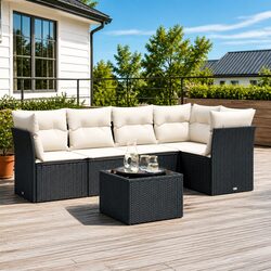 6-Piece Black Poly Rattan Garden Sofa Set for Outdoors
