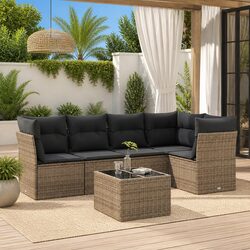 6-Piece Grey Poly Rattan Garden Sofa Set with Cushions