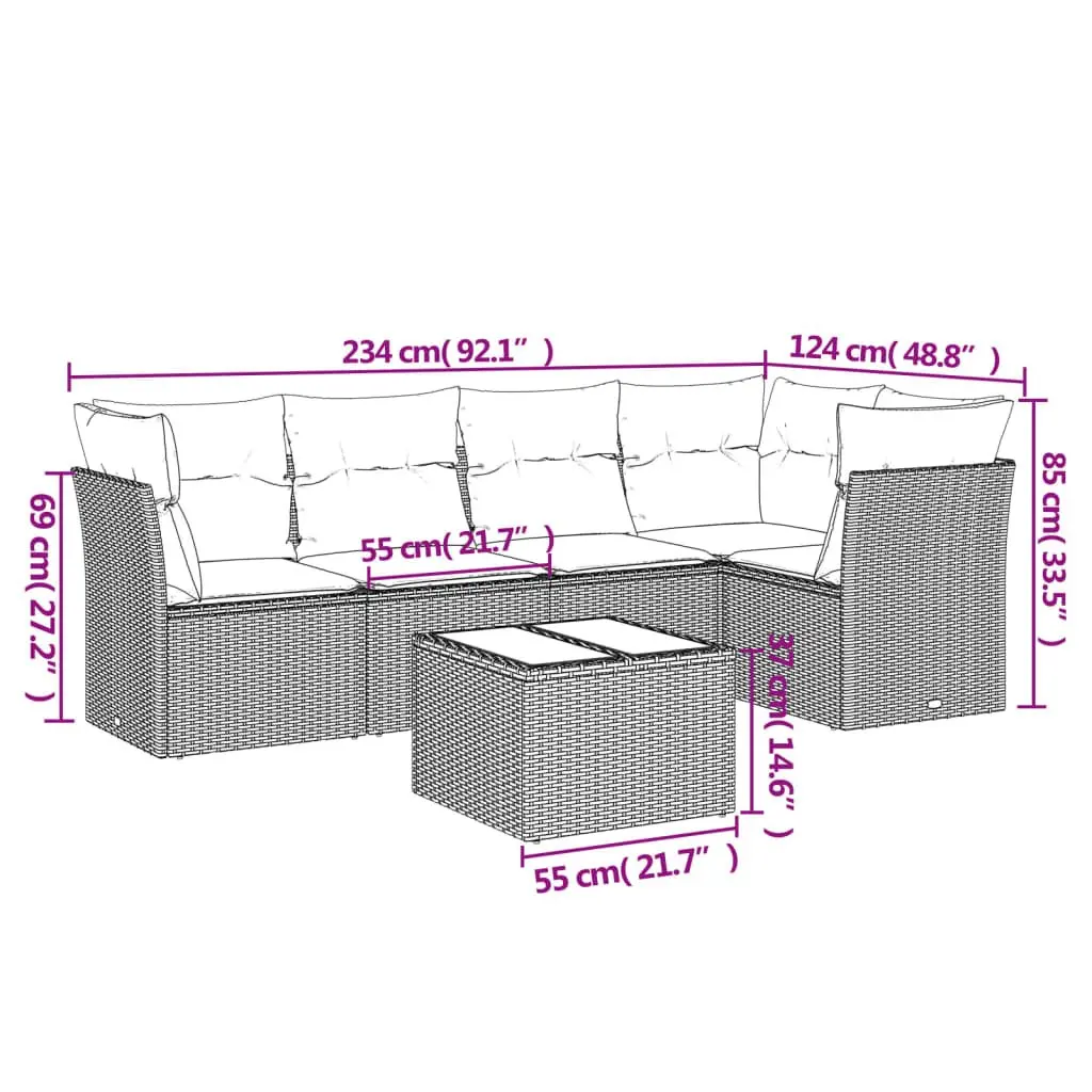 Garden Sofa Set PE Rattan 6 Piece Grey with Cushions