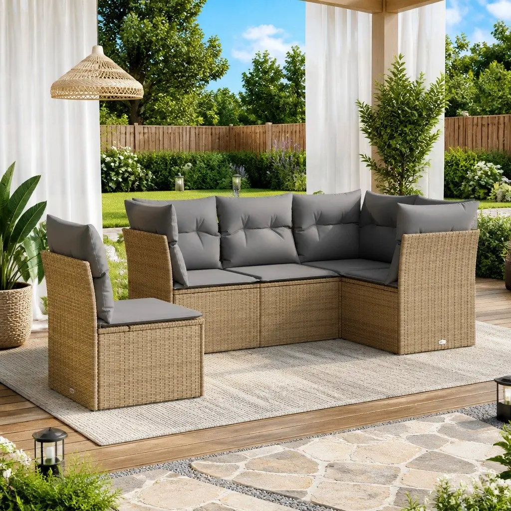 5 Piece Beige Outdoor Sofa Set with Cushions