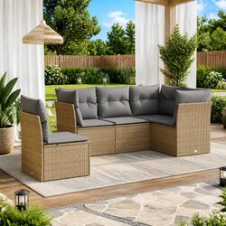 5 Piece Beige Outdoor Sofa Set with Cushions