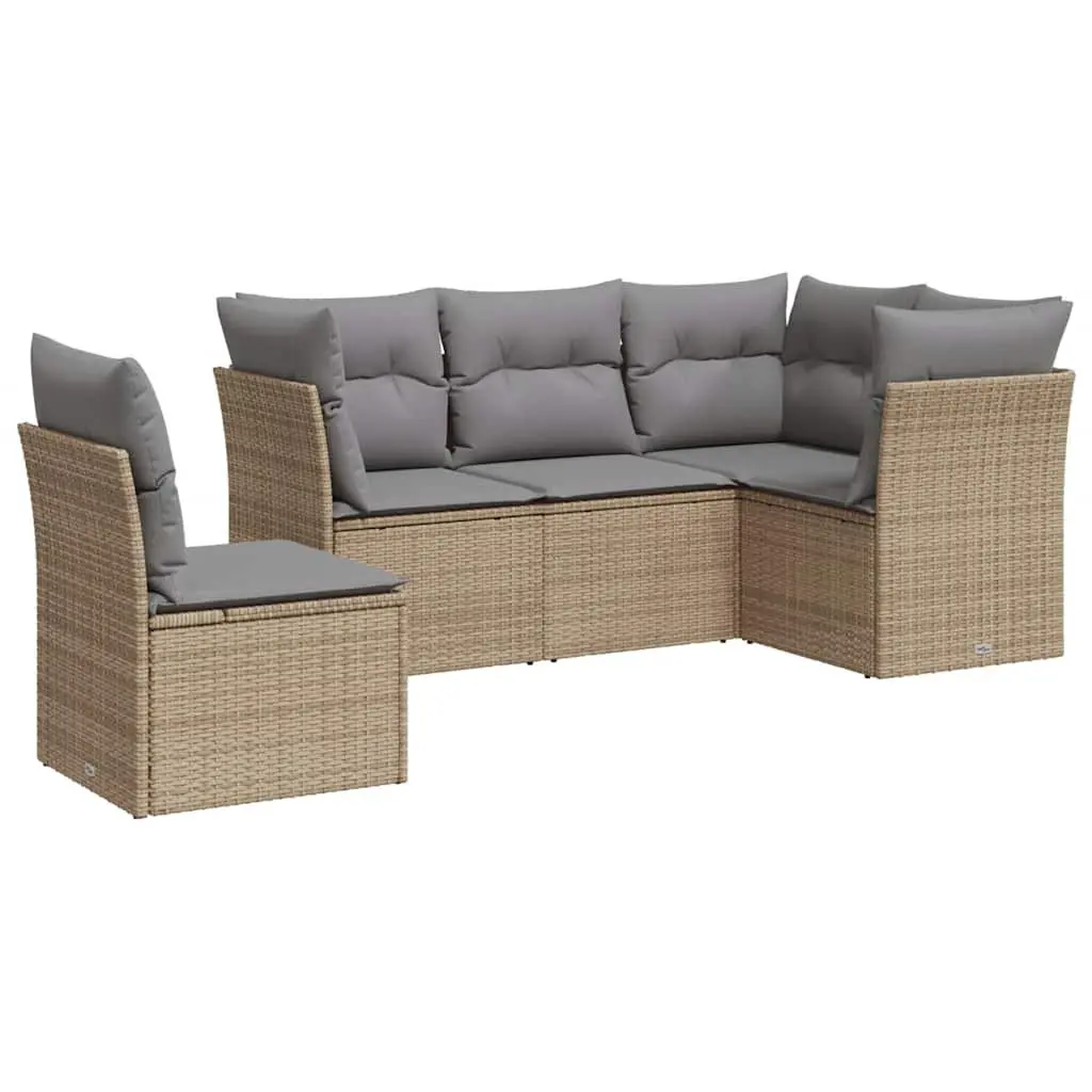 5 Piece Beige Outdoor Sofa Set with Cushions