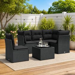 Premium 6 Piece Black Rattan Garden Sofa Set with Cushions